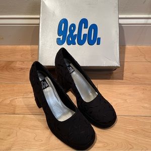 90s Vintage Platform Shoes Chunky Heels Embroidered Black Y2K euphoria